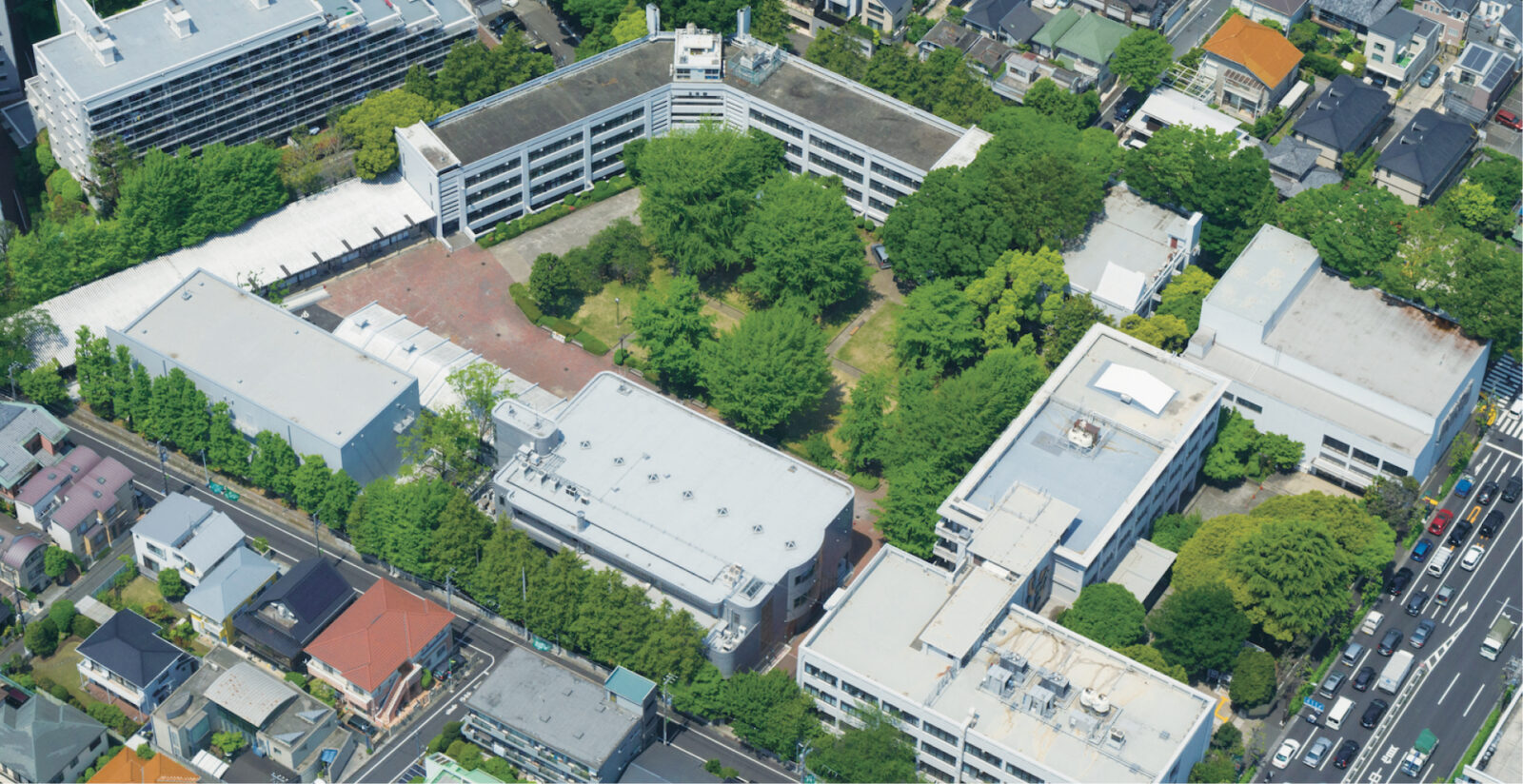 上空から撮影したキャンパスの写真。校舎や周辺の街なみ、キャンパス内の中に緑の木々が映る